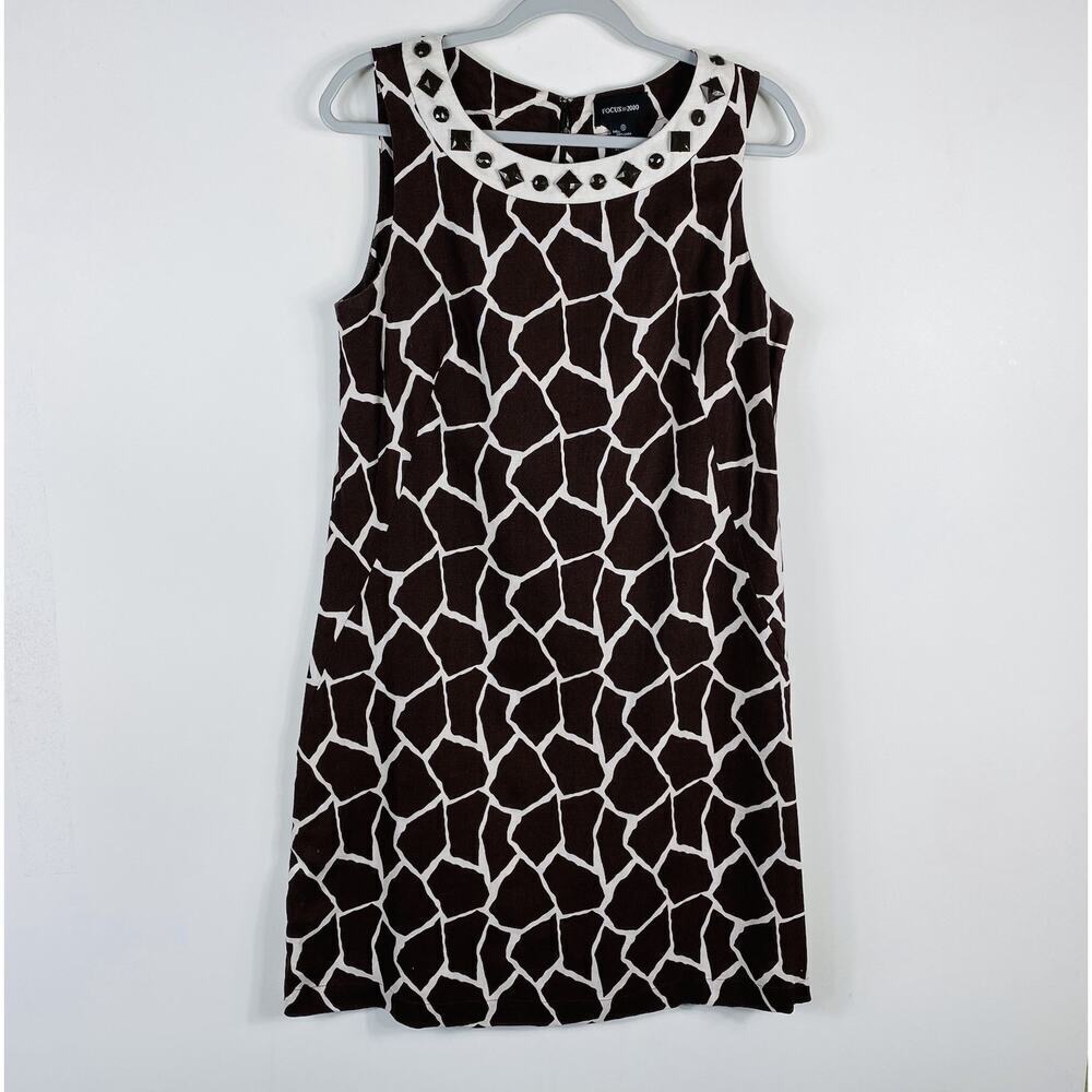 Focus 2000 Size 10 Giraffe Print 100% Linen Sleeveless Shift Dress Brown